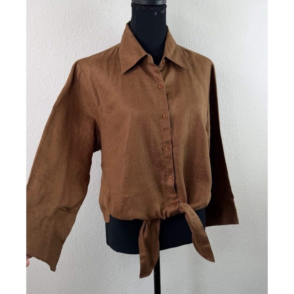 Dandy by Randi M Linen Shirt Women's XL Brown Tie Front Button Down Coastal Vtg